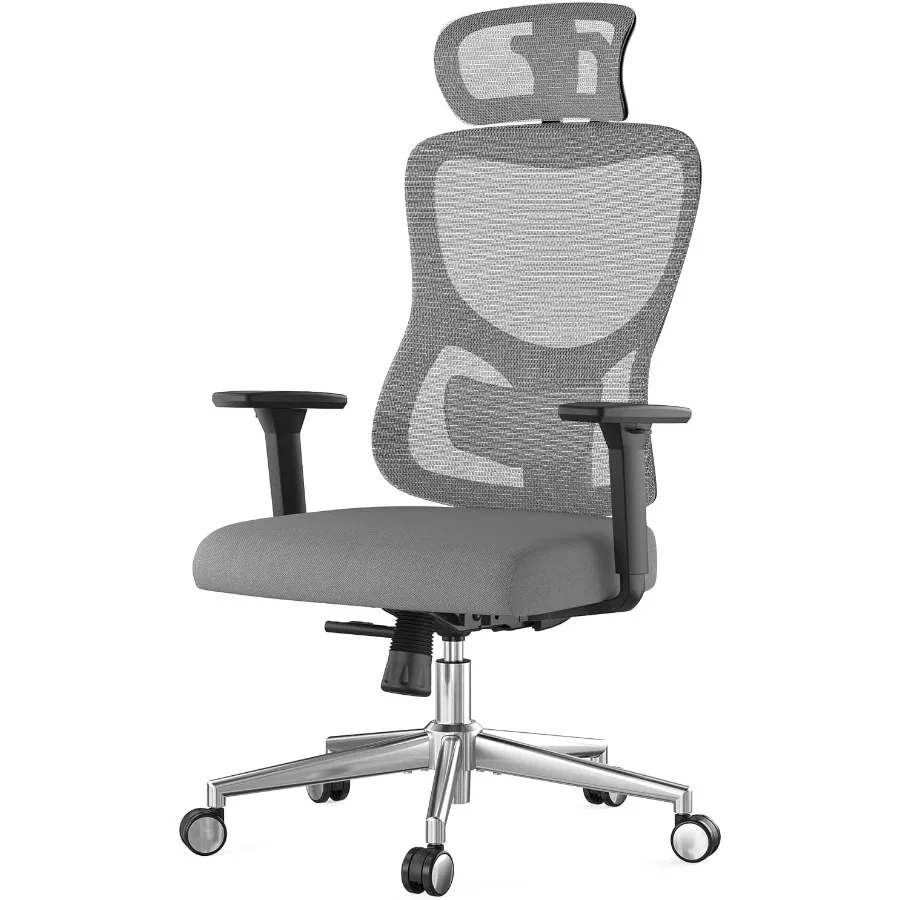 Ergonomic Office Chair - 自宅でのオフィスワークやゲームに最適な、人間工学に基づいたデザインのオフィスチェア。グレーの生地を使用したメッシュバック、調整可能なランバーサポート、ヘッドレスト、3Dアームレストを備えています。