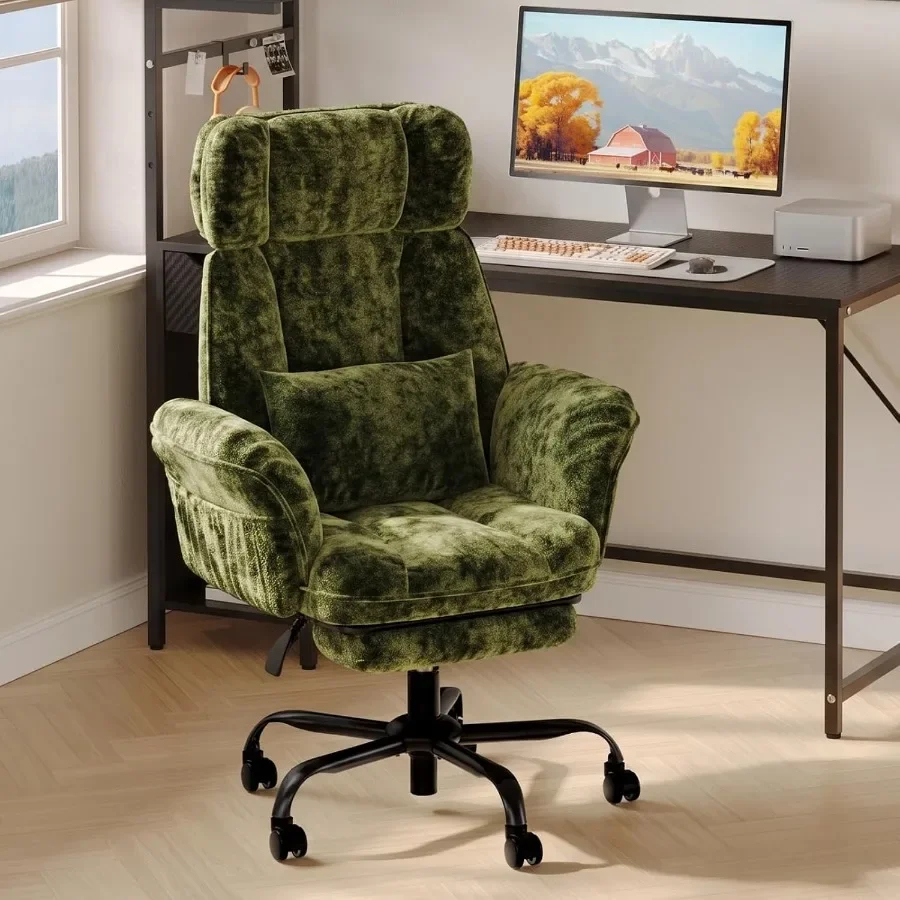 Ergonomic Office Chair - オフィス用クロスチェア。アームレストとヘッドレスト付き。オリーブグリーンの生地を使用し、人間工学に基づいた設計で、モダンなデザイン。