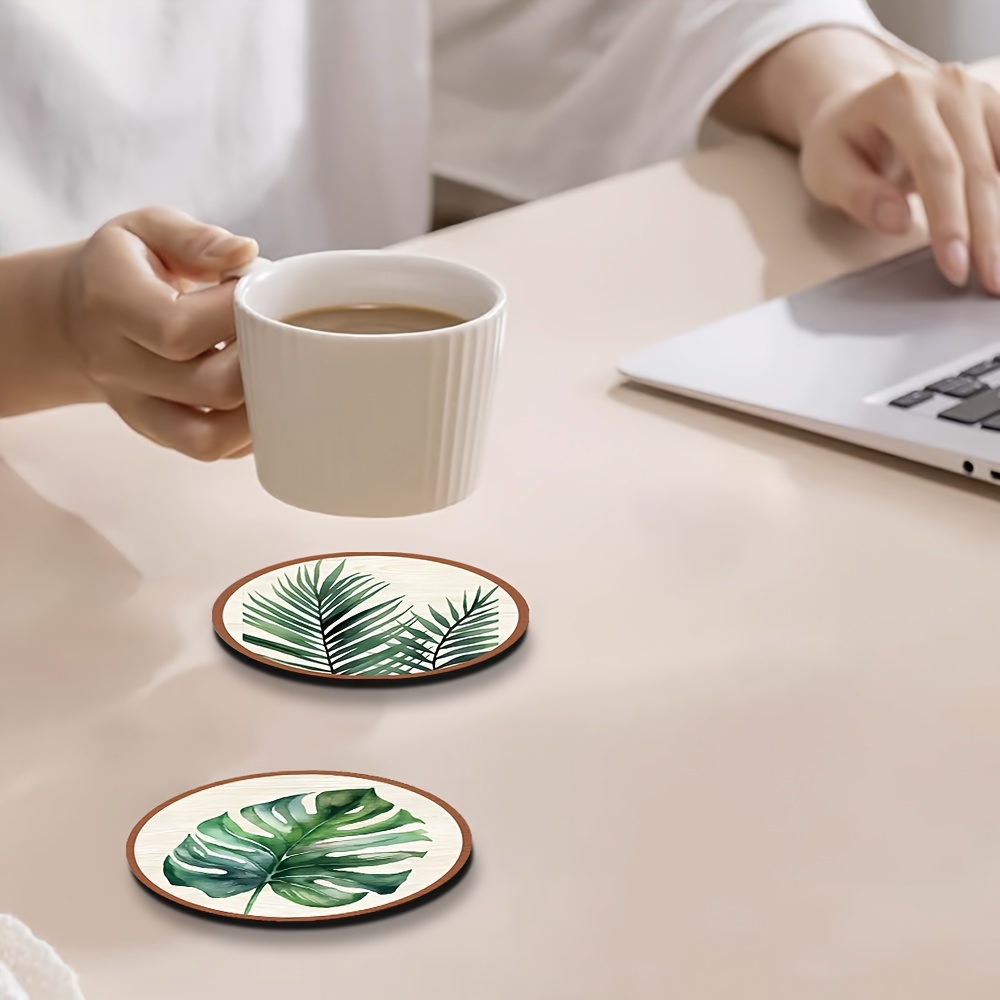 5個の熱帯植物の葉模様の木製コースター、創造的な芸術的な家の - Home Office Layout のレビューと価格